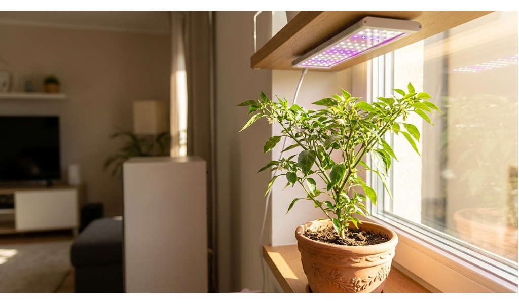 A pruned indoor chili pepper plant under a modern LED grow light on a sunny windowsill.