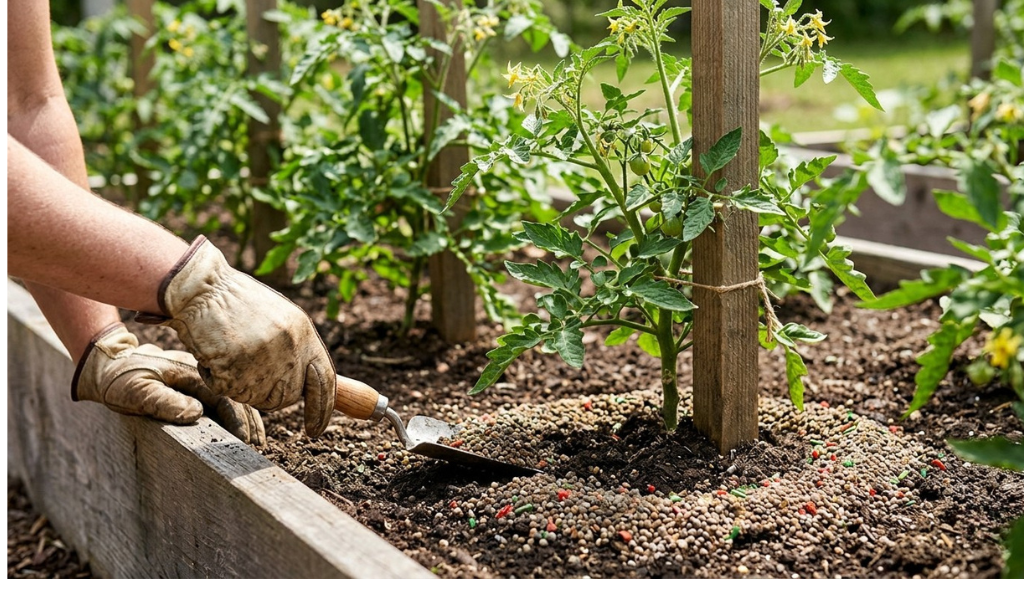 A gardener applying granular organic fertilizer around the base of an established tomato plant in a raised bed, careful to keep it away from the main stem.
