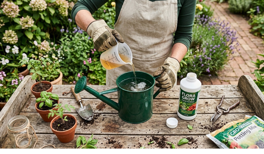 Gardener measuring half-strength water-soluble liquid fertilizer with a measuring cup next to a watering can.