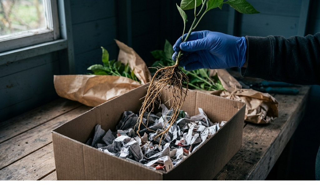 A gardener gently places a trimmed bare-root pepper plant into a cardboard box filled with damp paper for dormant winter storage.
