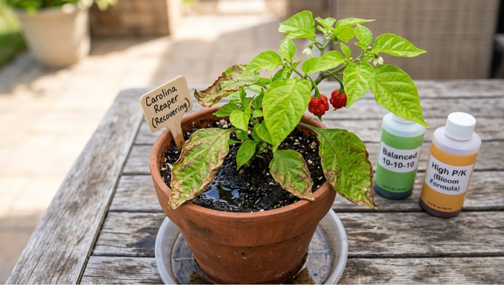 A Carolina Reaper pepper plant with fertilizer burn symptoms next to fully ripened red reaper peppers.