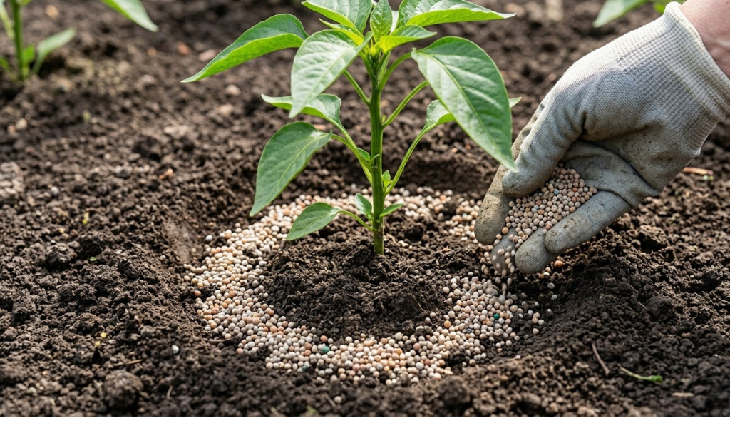 A hand carefully applying granular fertilizer in a ring around the base of a young pepper plant, avoiding direct contact with the stem.