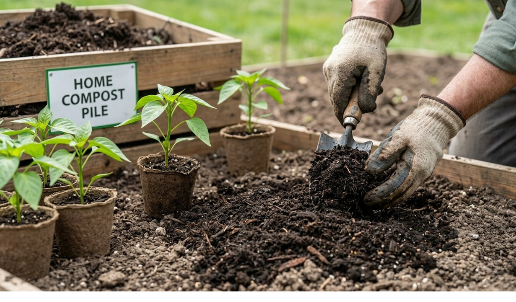 A gardener mixing dark, earthy compost into a garden bed using a hand trowel to prepare nutrient-rich soil for planting pepper seedlings.