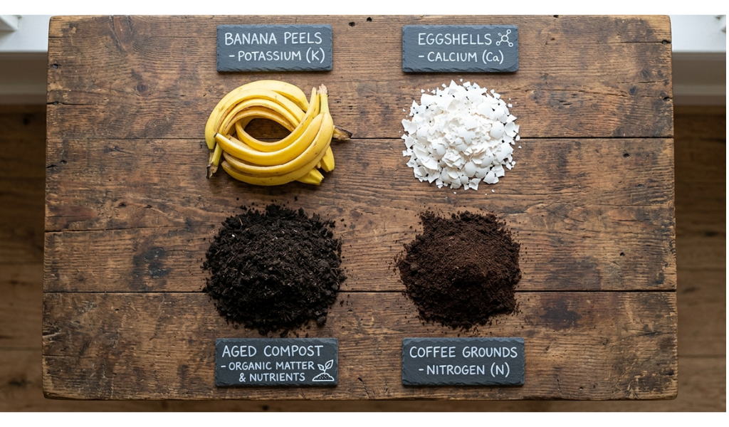 Top-down view of kitchen scraps used for pepper fertilizer including banana peels, coffee grounds, and eggshells