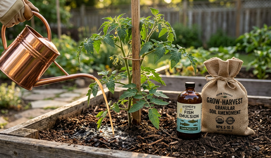 Comparison of liquid fish emulsion organic fertilizer diluted in a watering can near green tomato plants.