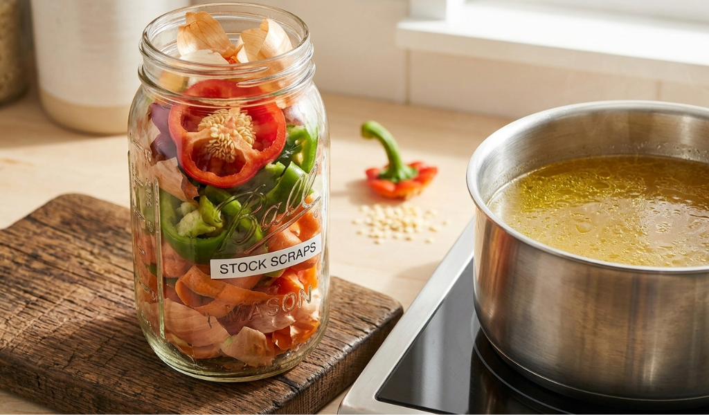 A clear glass jar filled with colorful vegetable scraps including bell pepper seeds, onion peels, and carrots for broth.