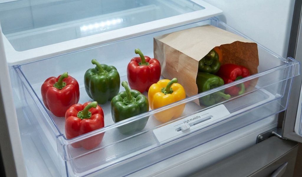 Whole fresh bell peppers stored properly inside a refrigerator crisper drawer to maintain high humidity and crisp texture.