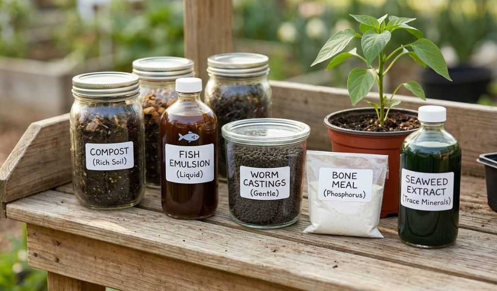 A photographic inventory of organic fertilizer components on a rustic wooden potting bench, including compost, worm castings, fish emulsion, and bone meal, all clearly labeled next to a healthy seedling.