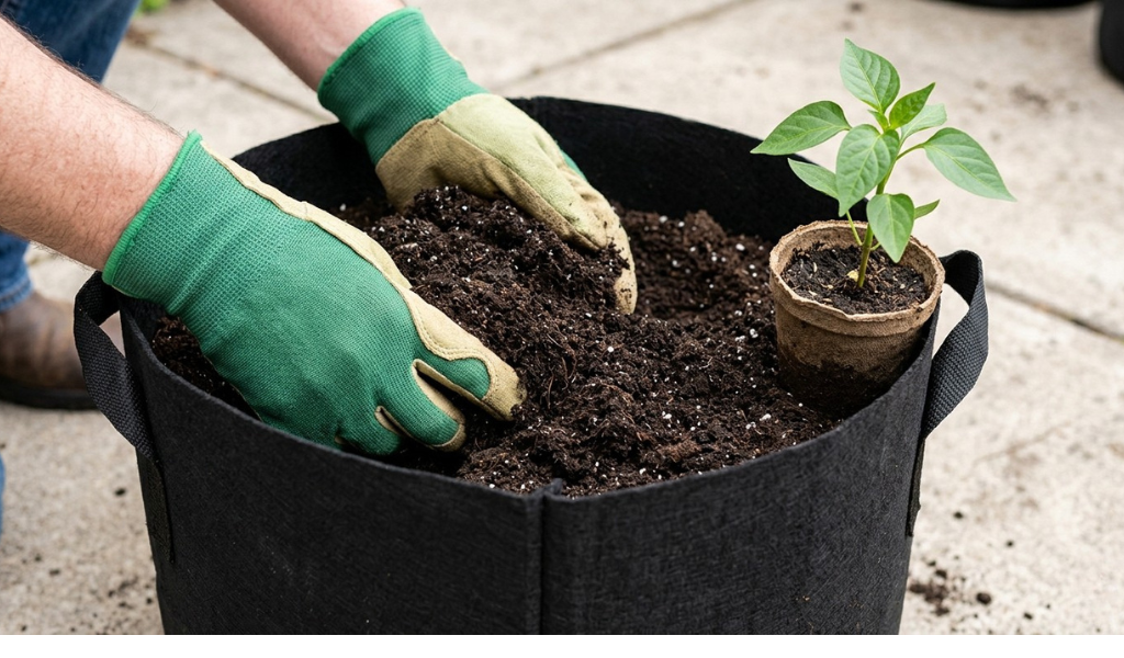 A gardener's hand filling a large black fabric grow bag with dark, loose, healthy potting soil, ready for planting peppers.