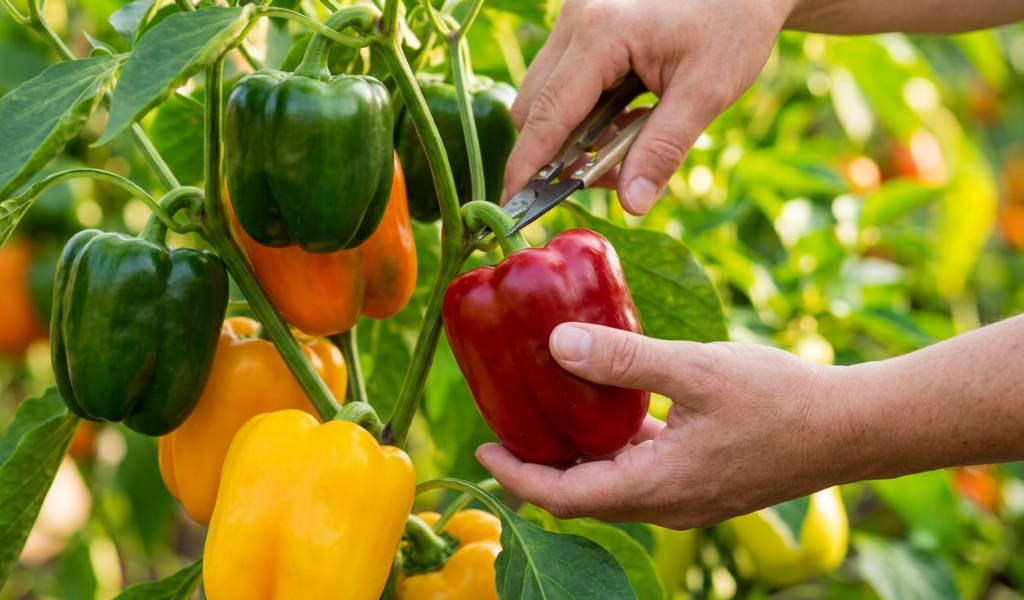 A close-up view of a glossy bell pepper hanging on the vine, showcasing the color transition as it ripens from green to red.