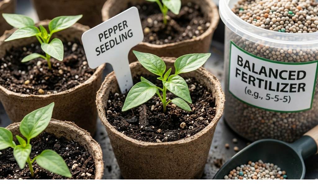 A gardener mixing dark, earthy compost into a garden bed using a hand trowel to prepare nutrient-rich soil for planting pepper seedlings.