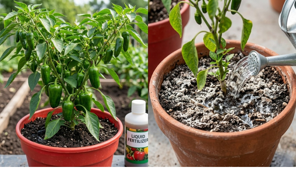 A composite photograph comparing a healthy, productive container pepper plant being fertilized and a detailed shot showing visible salt buildup being flushed from a separate pot with clear water.