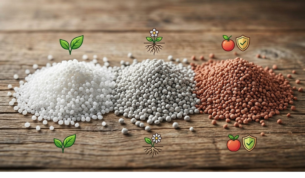 A detailed close-up shot on a rustic wooden table, displaying three distinct piles of raw fertilizer granules: white urea (N), gray phosphate (P), and red-brown potash (K), each labeled with an icon defining its primary function.