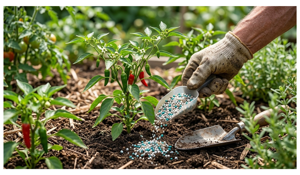 A close-up garden photograph of a vibrant green young pepper transplant receiving a side-dressing application of balanced 10-10-10 granular fertilizer from a blue scoop.