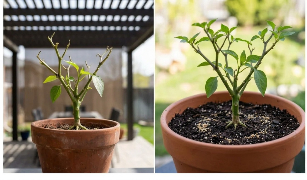 A sequence showing a dormant pepper plant hardening off in shade (left) and then up-potted into fresh soil with new green leaves (right).