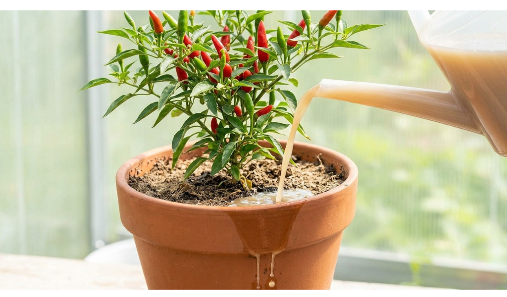 A photograph of a terracotta pot containing a bushy pepper plant, showing liquid fertilizer being applied by a watering can, with some brown liquid actively dripping from the bottom drainage hole, emphasizing the concept of nutrient leaching in containers.
