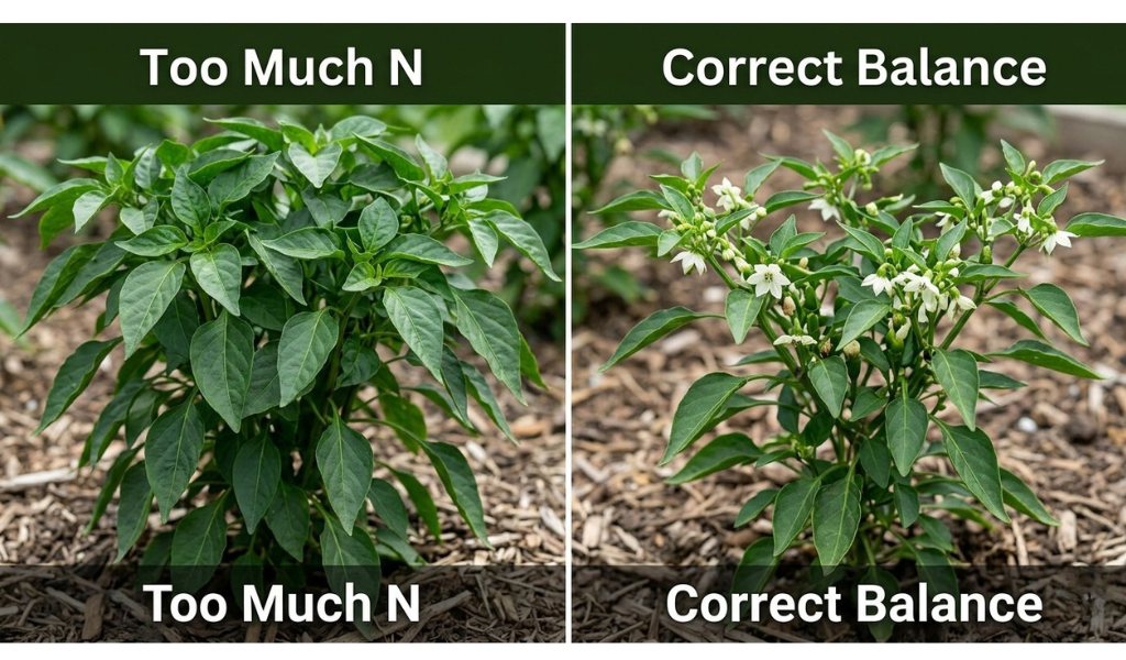 A split-panel photograph contrasting two pepper plants in a garden setting: the left plant is overgrown with dark green leaves but has no flowers (excess nitrogen), while the right plant is slightly smaller but loaded with tiny white blossoms (correct reproductive nutrients).