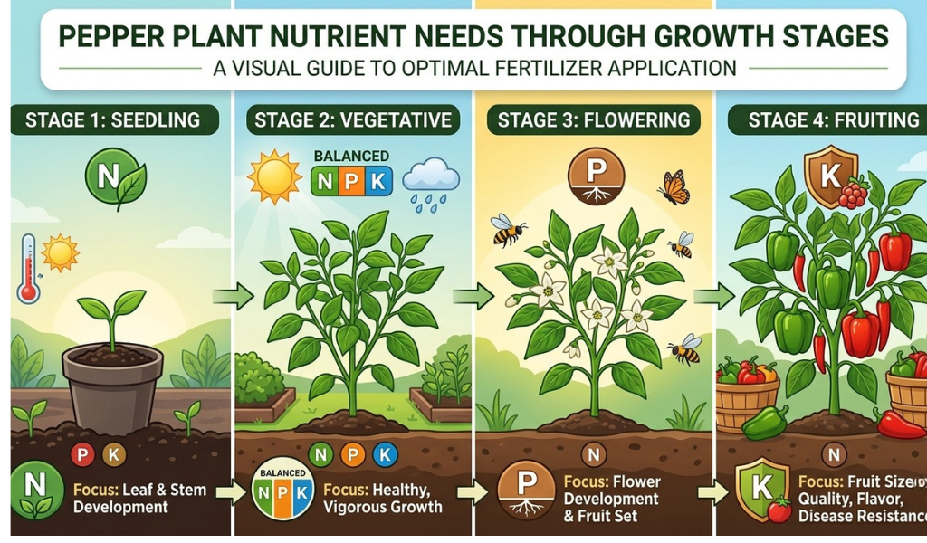 An illustrative infographic summarizing the four key stages of a pepper plant's growth lifecycle (Seedling, Vegetative, Flowering, Fruiting) and the specific primary nutrient (N, Balanced NPK, P, or K) required at each phase.