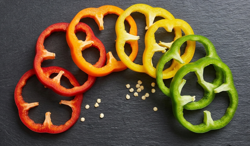 A colorful array of sliced red, yellow, orange, and green bell peppers showing rich antioxidants.