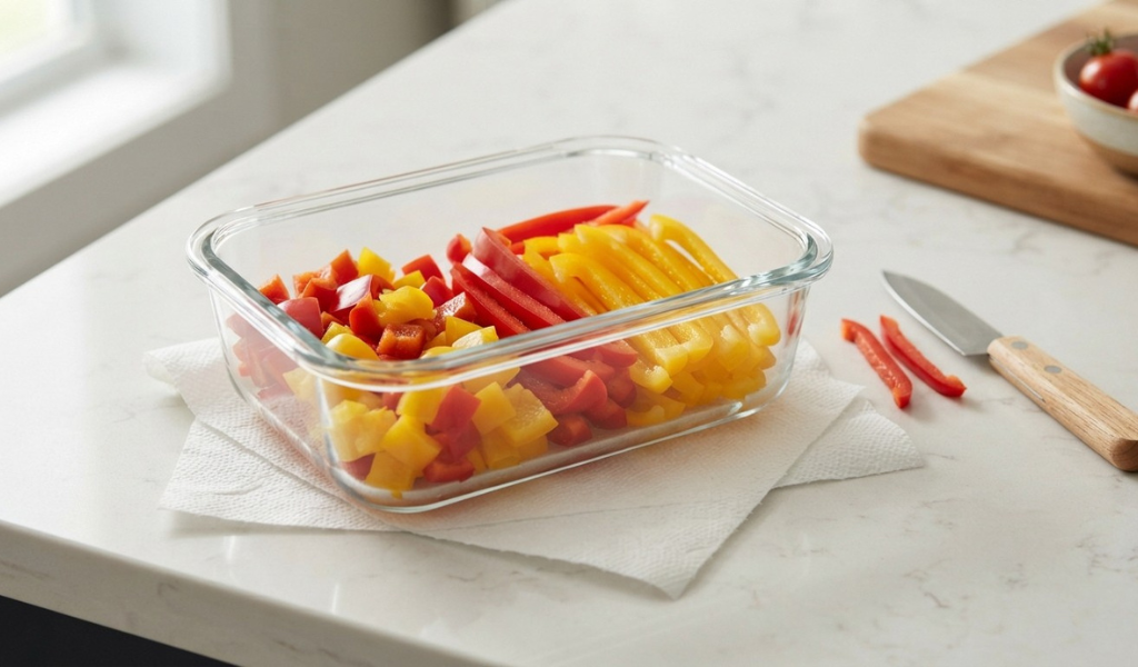 Sliced and diced bell peppers stored in a sealed airtight glass container with a paper towel for extended freshness.