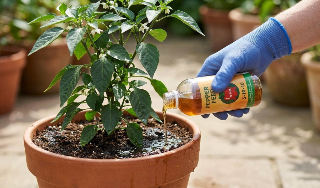 A close-up photograph of a gardener's hand carefully pouring diluted liquid fertilizer from a bottle onto the moist soil around the base of a healthy, flowering pepper plant in a terracotta pot.
