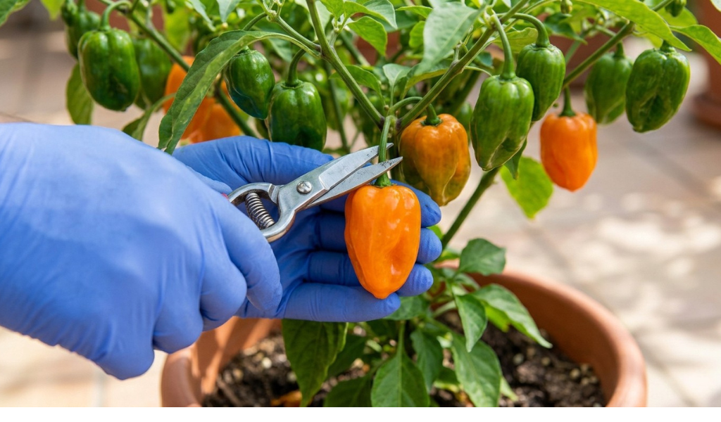 A close-up of a hand using small red garden shears to snip a ripe, bright red jalapeno pepper from a bushy potted plant.