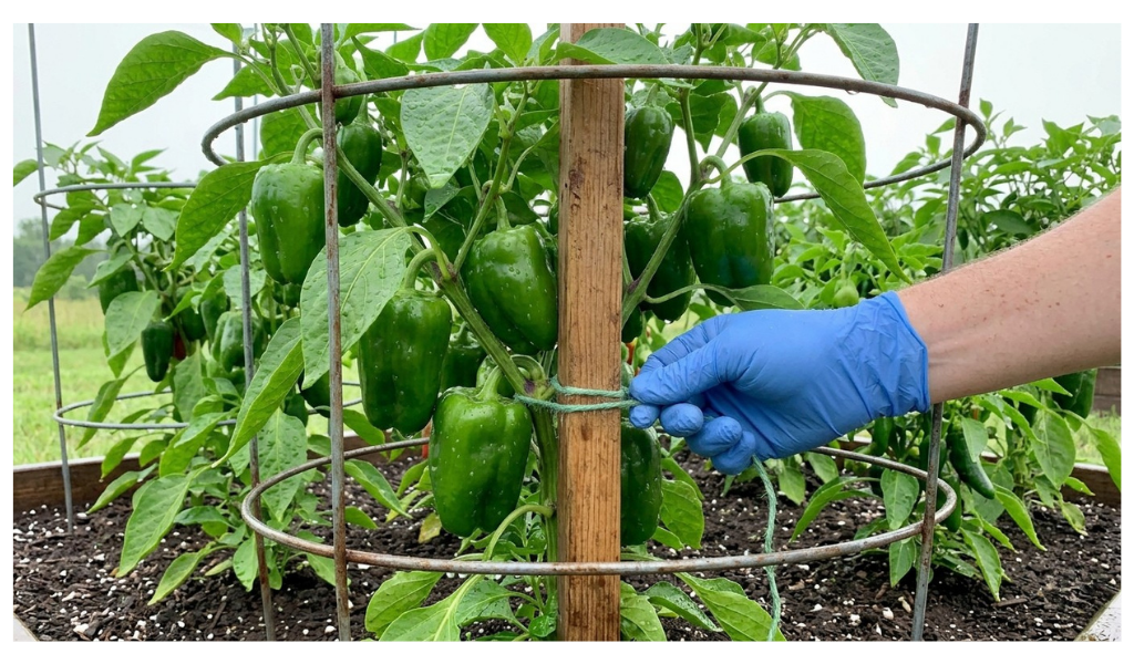 A detailed close-up of a mature bell pepper plant, heavy with green fruit, wet from recent rain under overcast light. A gardener's hand is visible carefully securing the plant's main stem to a sturdy wooden stake with soft green twine, reinforcing the structure provided by a metal tomato cage, demonstrating proper support against wind and heavy downpours.