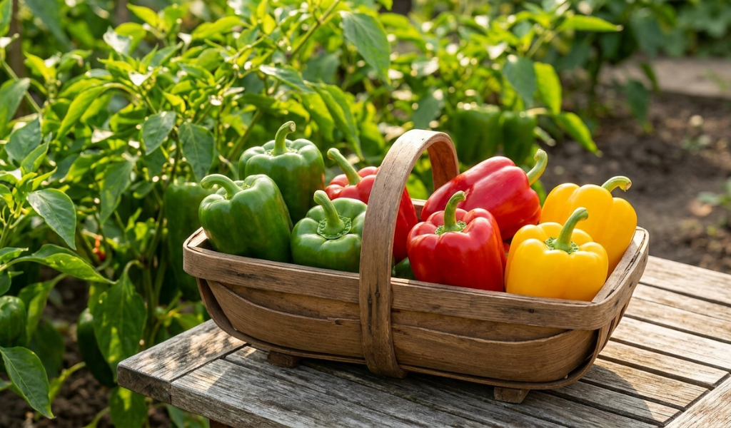 A rustic wooden basket overflowing with ripe, glossy green, red, and yellow bell peppers in a sunny garden setting.