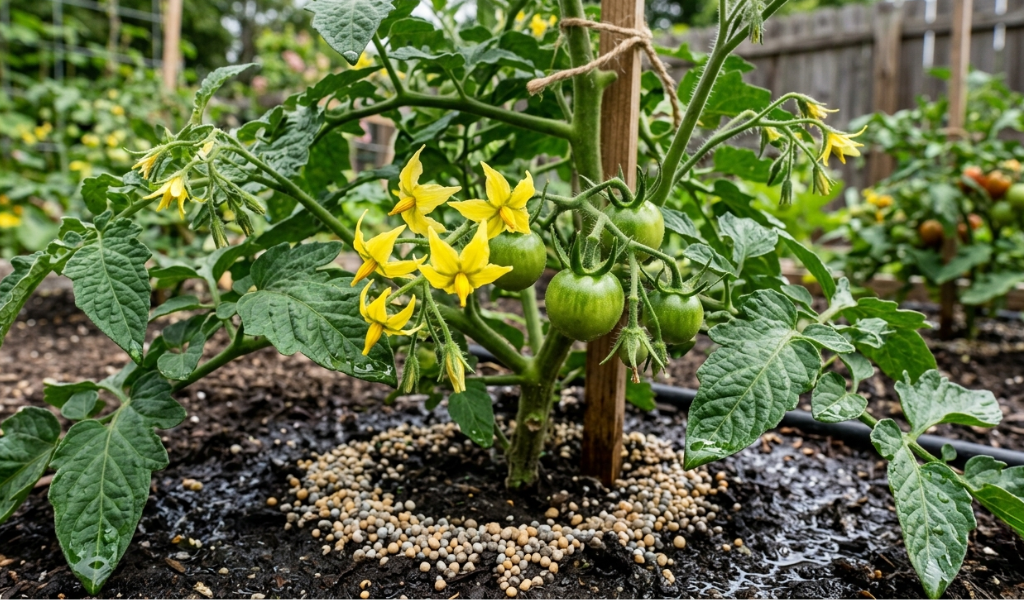 Healthy tomato plant showing delicate yellow blossoms and small green developing fruit with granular fertilizer applied around the base.