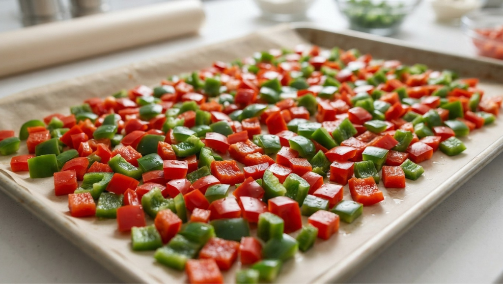 Fresh whole bell peppers kept separate from ethylene-producing fruits like apples and avocados to prevent premature ripening.