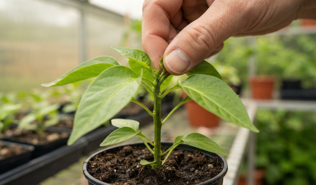 Close-up of a gardener's hand pinching off the growing tip of a young pepper plant to demonstrate the process of topping for bushier growt
