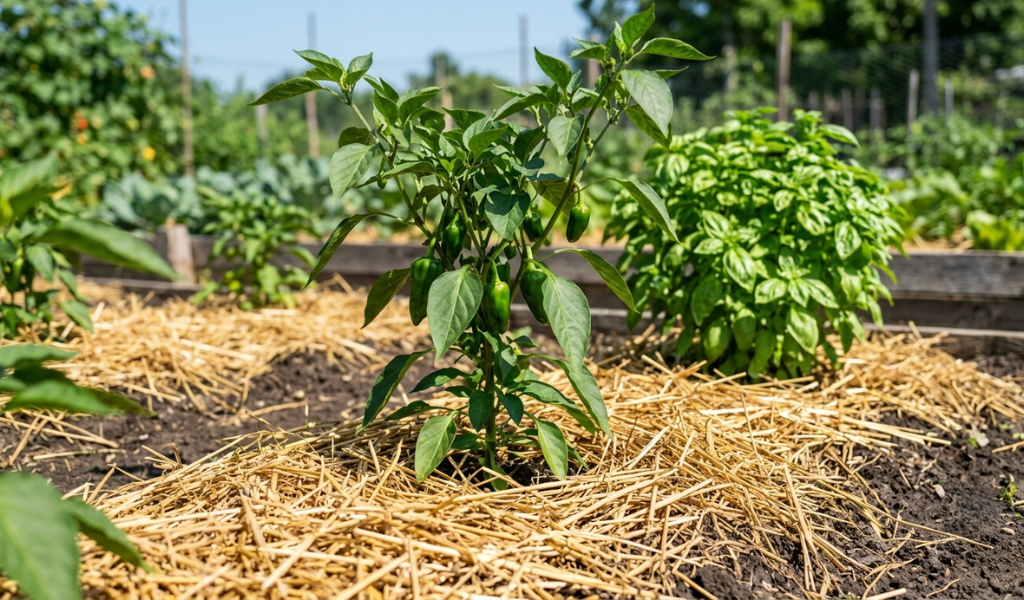 Pepper plant growing in a garden bed with golden straw mulch surrounding the base of the stem