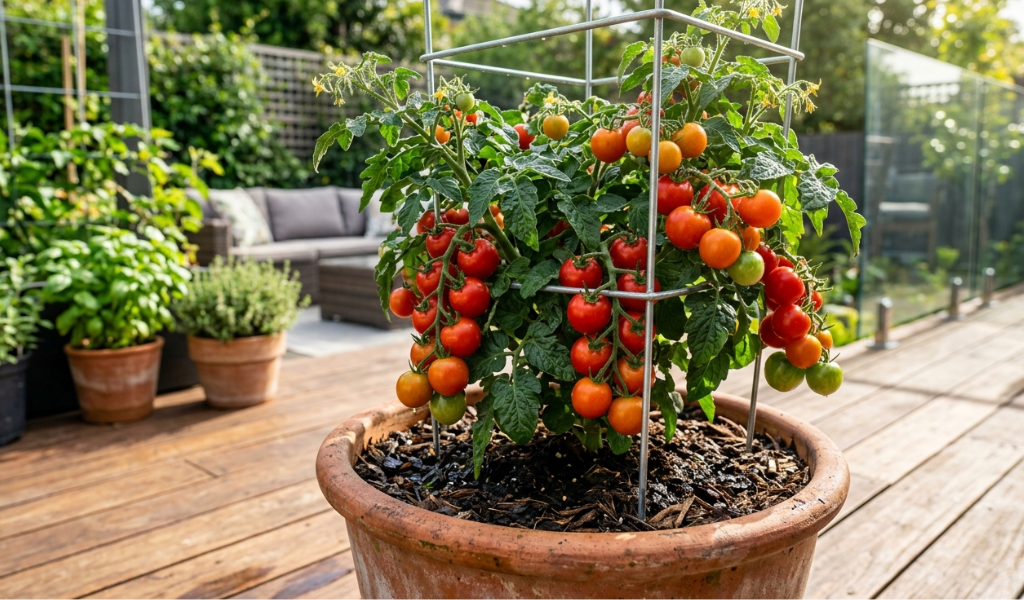 Potted patio tomato plant with rich green foliage and hanging tomatoes growing in a large container.