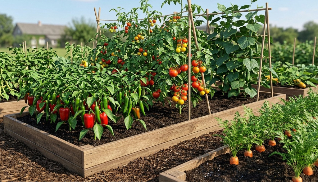 High-definition view of a vegetable garden bed growing peppers, tomatoes, and root crops that benefit from 5-10-10 fertilizer.