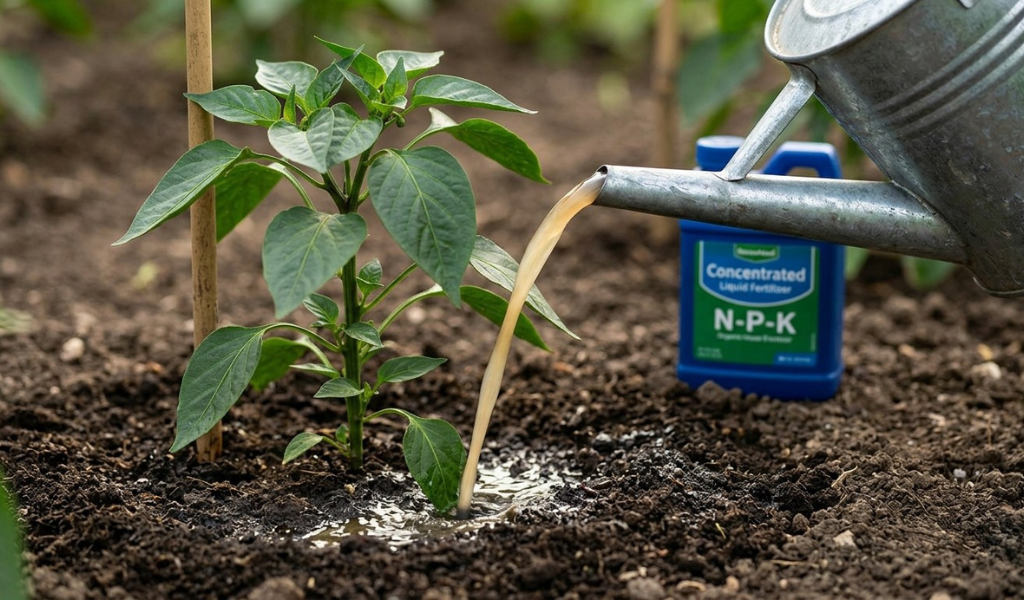 A gardener gently pouring diluted liquid fertilizer around the base of a potted pepper plant with a watering can.