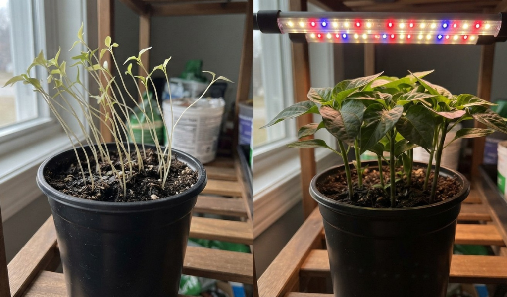 A comparison photo showing weak, 'leggy' pepper seedlings next to strong, compact seedlings that are properly grown under LED grow lights.