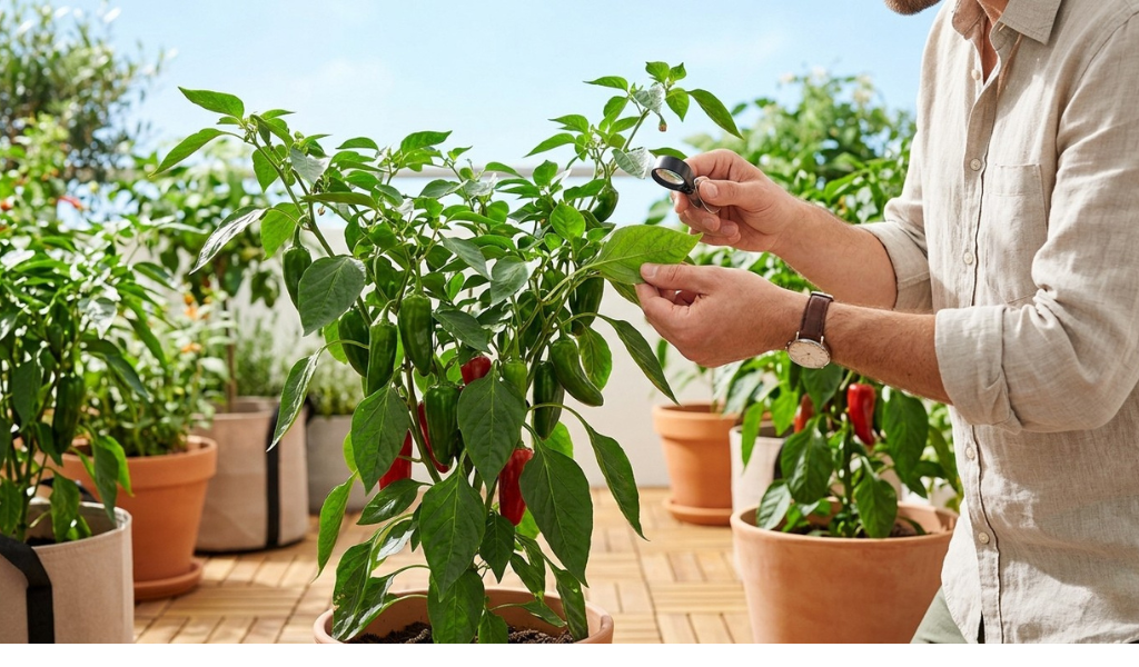 A sharp close-up of a gardener on a sunny balcony, gently turning a large, healthy pepper leaf over with their index finger to inspect the underside for pests, using a small magnifying loupe. The pot is well-spaced for ventilation.