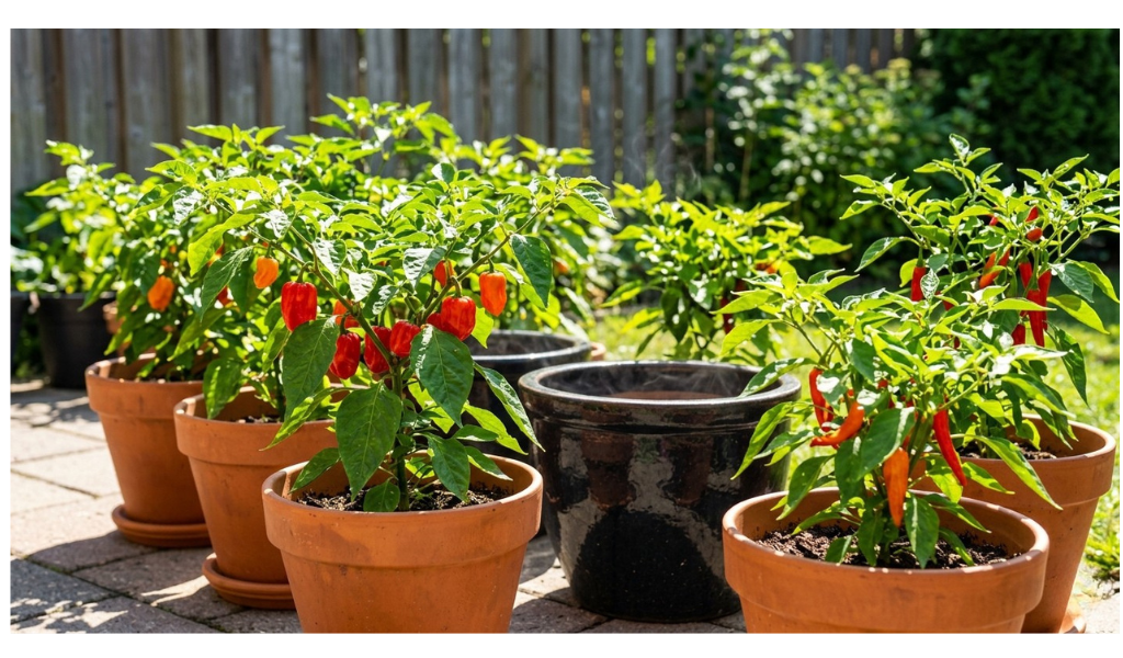 A vibrant habanero pepper plant full of orange and yellow fruit, thriving in a terracotta pot on a sunny patio.