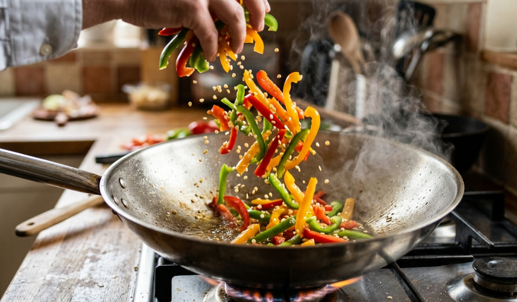 Colorful sliced bell peppers with seeds cooking in a heated pan for a stir-fry