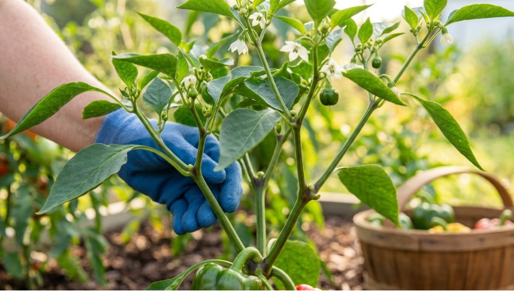 Detailed close-up of healthy white blossoms and delicate early pepper buds forming on a vibrant pepper plant branch.