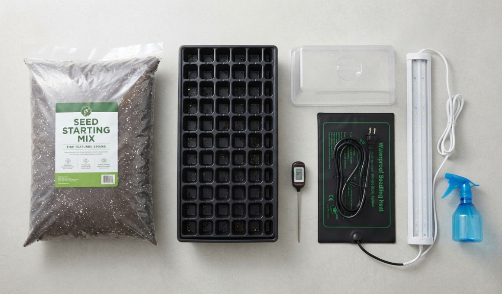 Flat lay photography showing essential indoor seed starting equipment: seed mix, trays, humidity dome, heat mat, grow light, and spray bottle.
