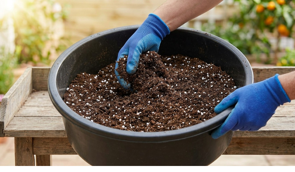 Gloved hands thoroughly blending the soil ingredients (compost, coco coir, and perlite) inside a large black mixing container, achieving a consistent texture.