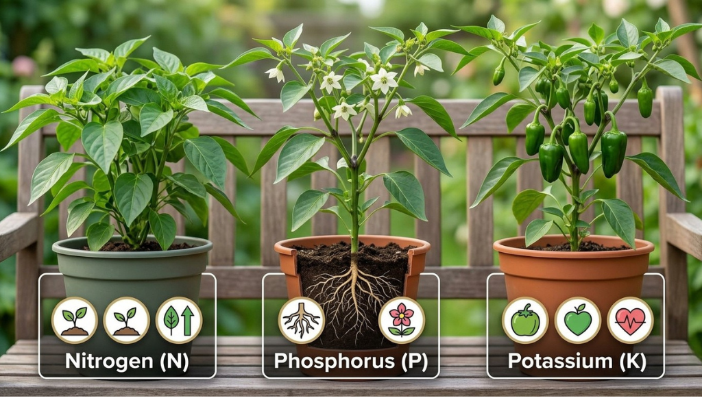 A detailed close-up showing vibrant, dark green young pepper seedlings exhibiting strong stems and lush, healthy leaves, illustrating optimal vegetative growth from proper nitrogen application.