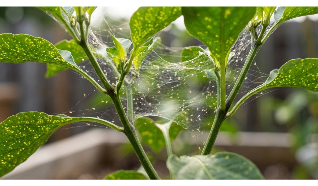 A close-up shot of fine, delicate spider mite webbing spun intricately between the stems and leaves of a pepper plant, with the characteristic stippling damage (tiny yellow dots) visible on nearby leaves under natural daylight.