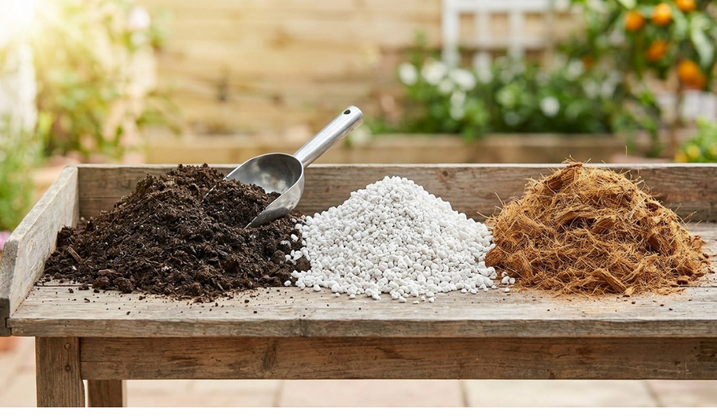 Three distinct piles of chili soil ingredients arranged on a wooden potting bench: dark organic compost on the left, white perlite granules in the center, and fibrous coco coir on the right.
