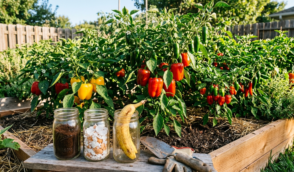 A vibrant, productive vegetable garden featuring healthy pepper plants heavily laden with peppers, representing the results of using natural homemade fertilizers.