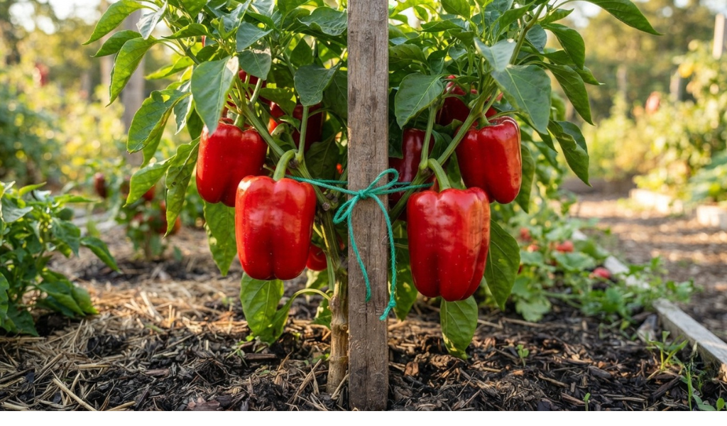 A fully grown pepper plant heavily laden with red bell peppers, supported securely by a wooden stake and soft garden ties.