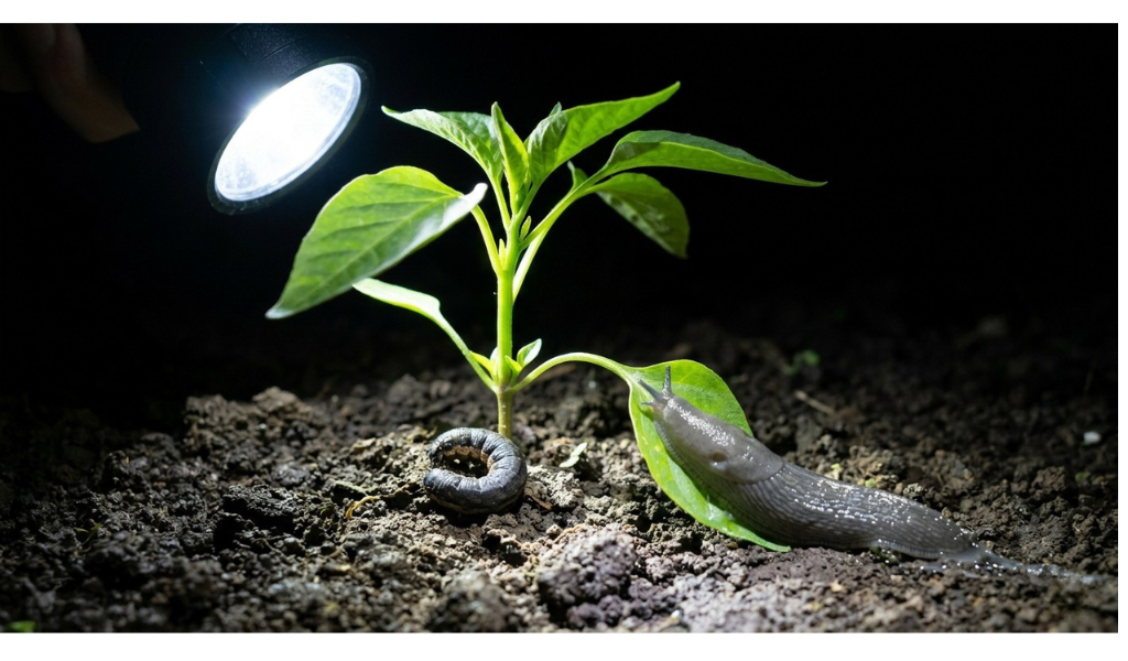 A dramatic night photograph of a gardener's hand holding a bright LED flashlight, illuminating a young pepper seedling on the dark soil, and revealing a dark cutworm larva and a crawling slug actively moving near the plant's base.