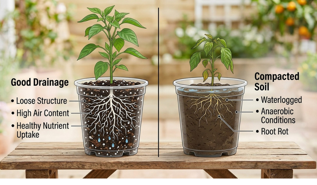 A split diagram comparing the root systems of two chili plants in clear containers. The left side shows healthy white roots spreading through loose soil (Good Drainage), while the right side shows stressed yellow roots in dense, compacted soil (Compacted Soil).