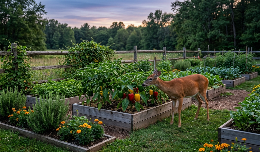 A deer standing near raised garden beds with pepper plants in an outdoor garden at dusk